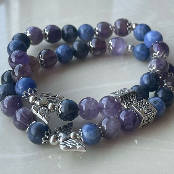 Amethyst sodalite Angel wings tree of life ONE NEW stretch bracelet beaded - Picture 9 of 11